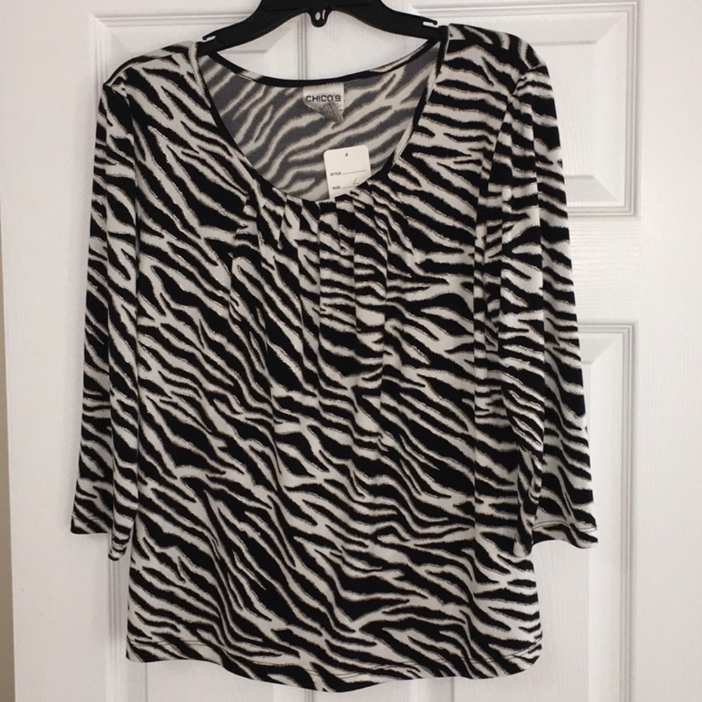 Chico’s 3/4-Sleeve Pullover Zebra Print with Pleated Neckline